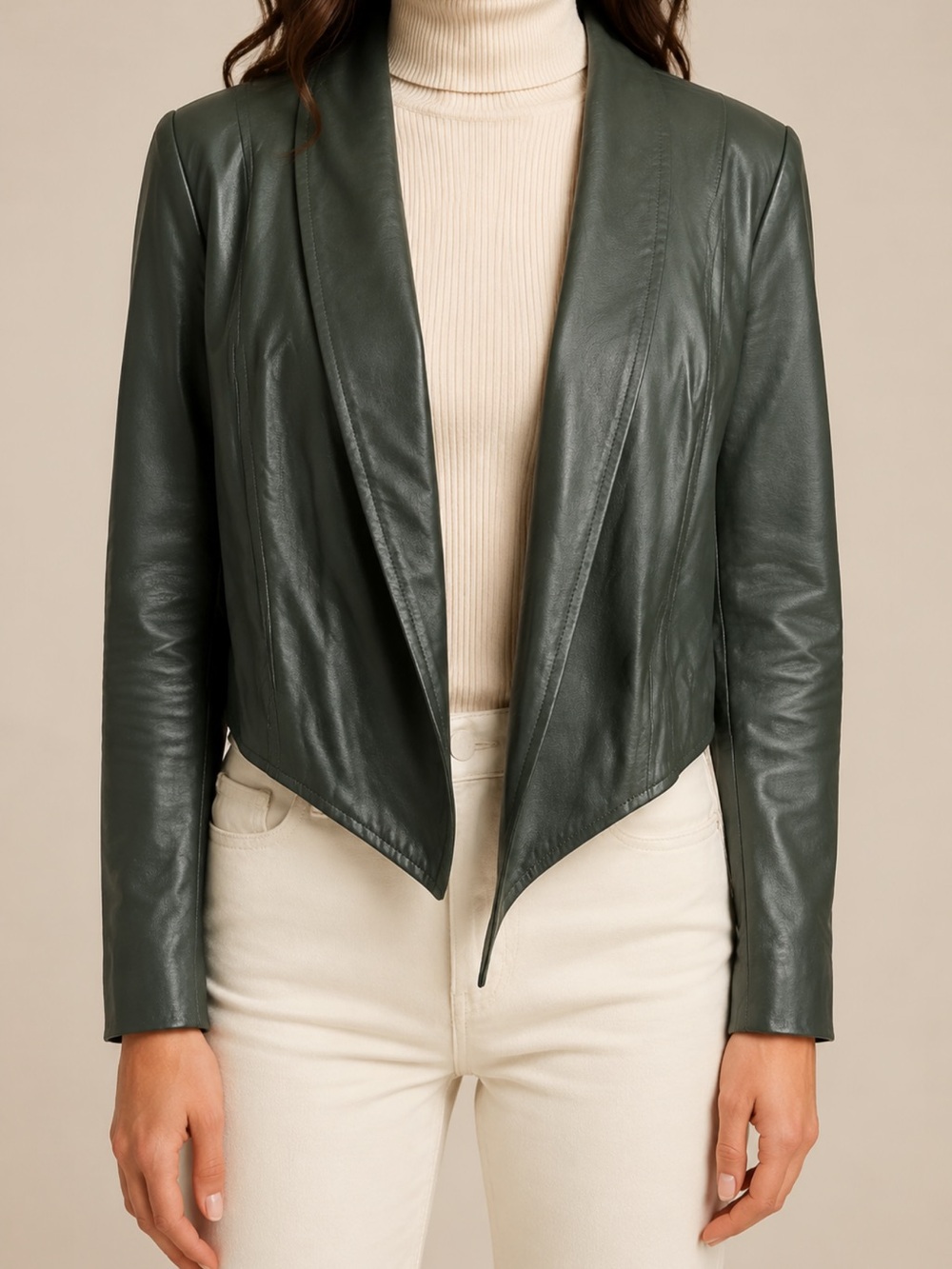 Jessica London Leather Jacket Women 14 Green Excellent Shawl Collar Open Front